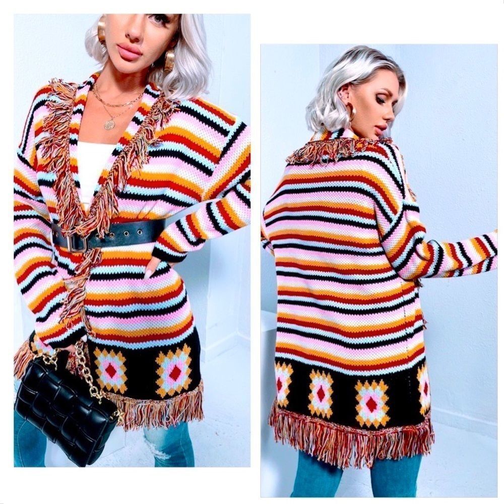 NWT! COLORFUL GEO/STRIPED PATTERN FRINGE TRIM DROP SHOULDER OPEN FRONT CARDIGAN!